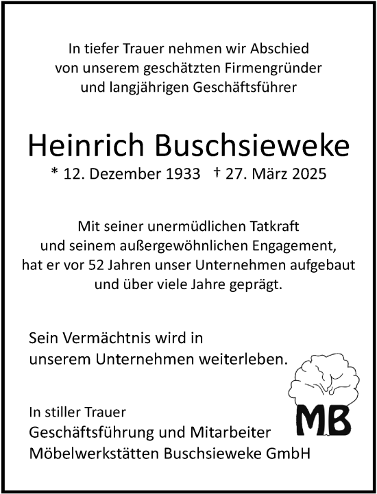 Traueranzeige von Heinrich Buschsieweke von Neue Westfälische und Westfalen-Blatt