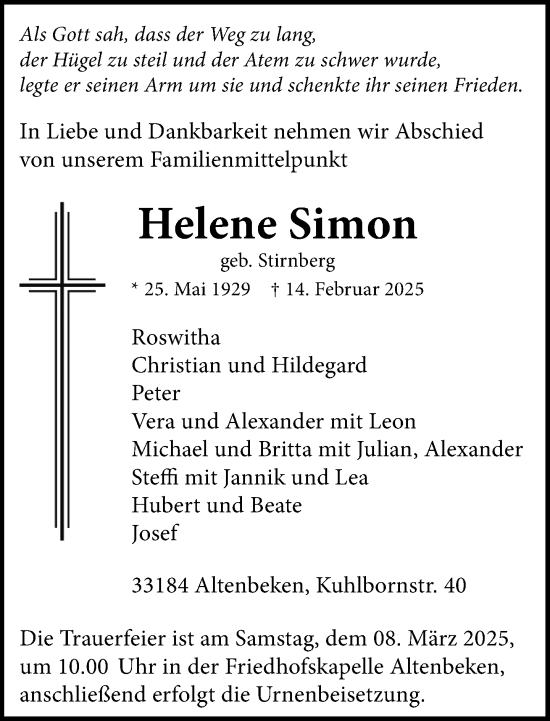 Traueranzeige von Helene Simon von Neue Westfälische und Westfalen-Blatt