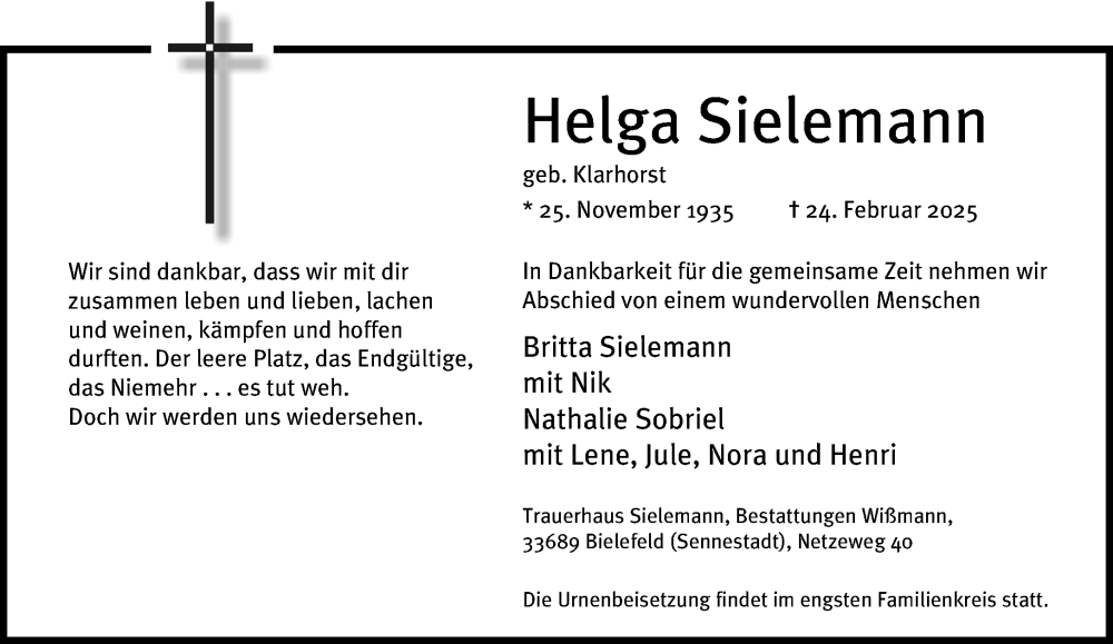  Traueranzeige für Helga Sielemann vom 08.03.2025 aus Neue Westfälische und Westfalen-Blatt