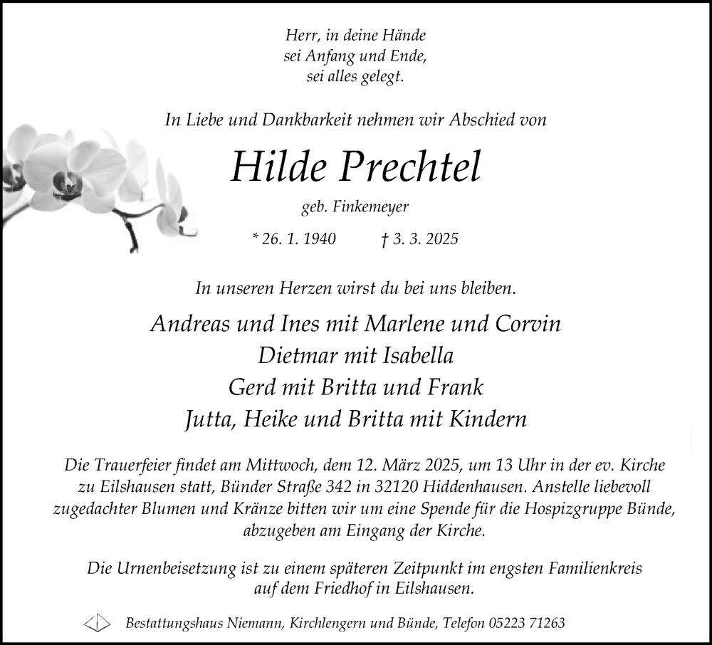  Traueranzeige für Hilde Prechtel vom 08.03.2025 aus Neue Westfälische und Westfalen-Blatt