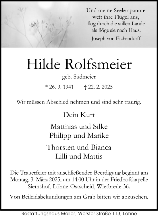 Traueranzeige von Hilde Rolfsmeier von Neue Westfälische und Westfalen-Blatt