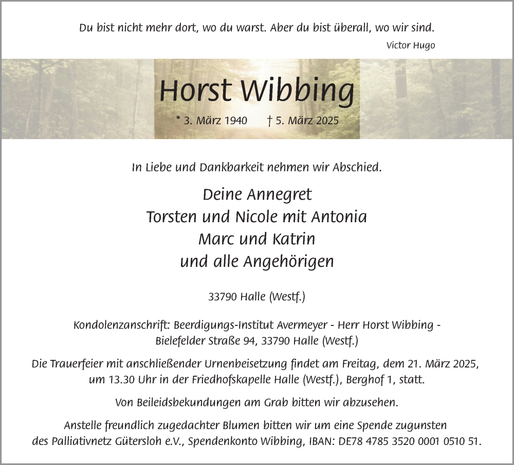  Traueranzeige für Horst Wibbing vom 17.03.2025 aus Neue Westfälische und Westfalen-Blatt