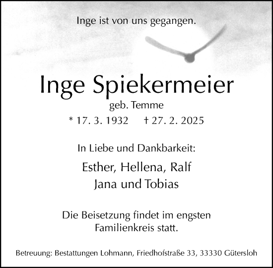 Traueranzeige von Inge Spiekermeier von Neue Westfälische und Westfalen-Blatt