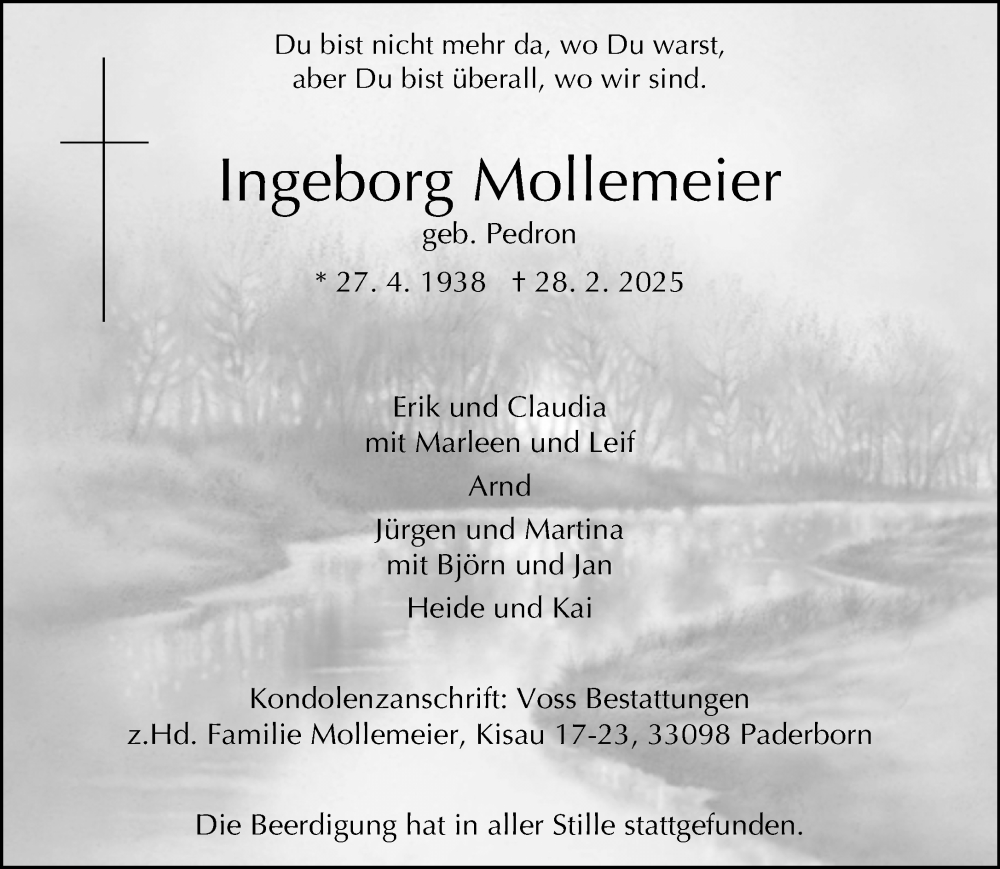  Traueranzeige für Ingeborg Mollemeier vom 08.03.2025 aus Neue Westfälische und Westfalen-Blatt