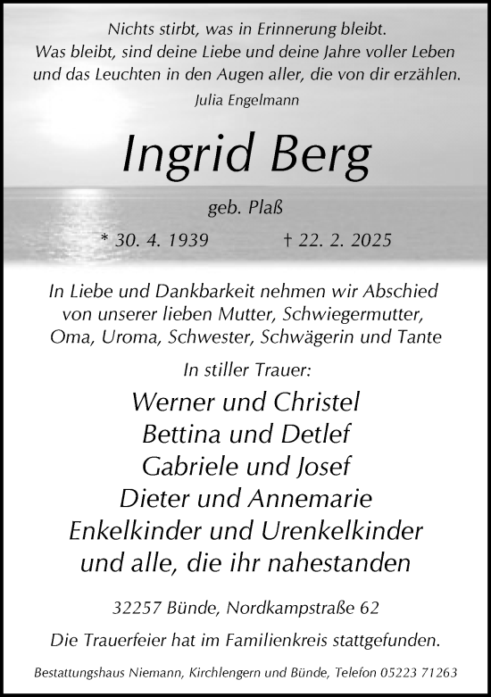 Traueranzeige von Ingrid Berg von Neue Westfälische und Westfalen-Blatt