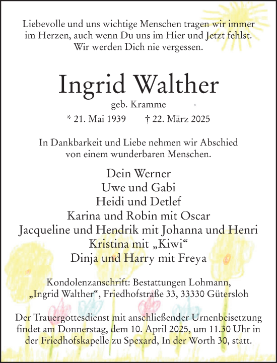 Traueranzeige von Ingrid Walther von Neue Westfälische und Westfalen-Blatt