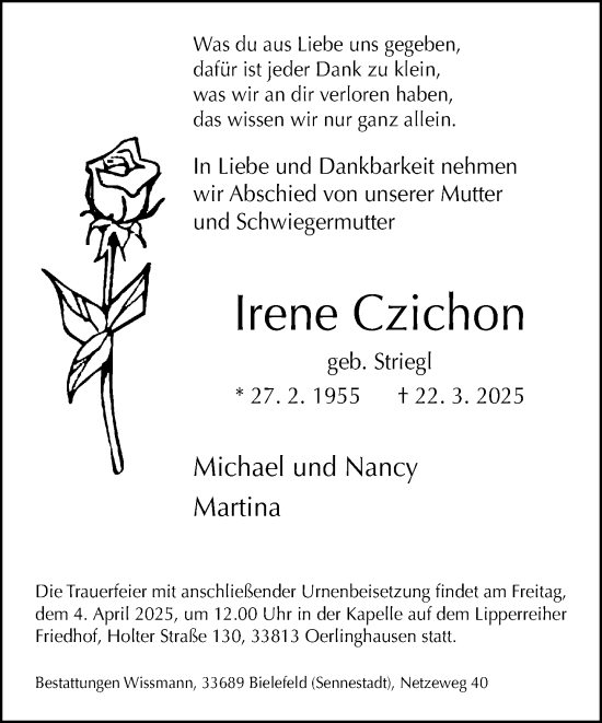 Traueranzeige von Irene Czichon von Neue Westfälische und Westfalen-Blatt