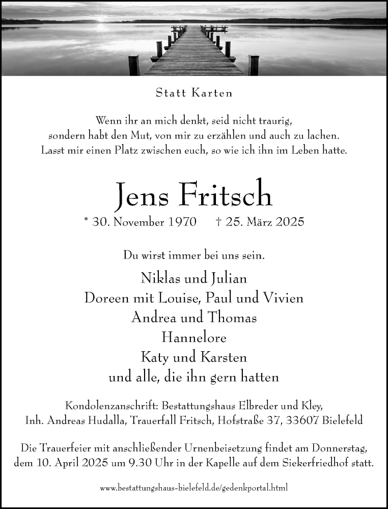  Traueranzeige für Jens Fritsch vom 29.03.2025 aus Neue Westfälische und Westfalen-Blatt