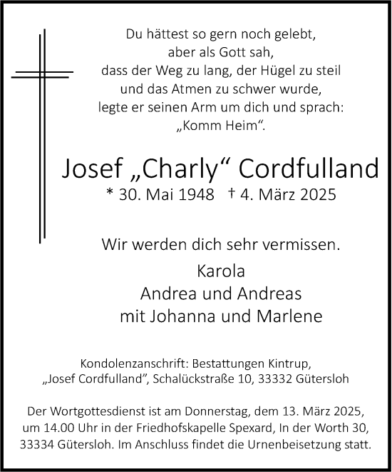 Traueranzeige von Josef Cordfulland von Neue Westfälische und Westfalen-Blatt