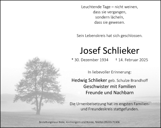 Traueranzeige von Josef Schlieker von Neue Westfälische und Westfalen-Blatt