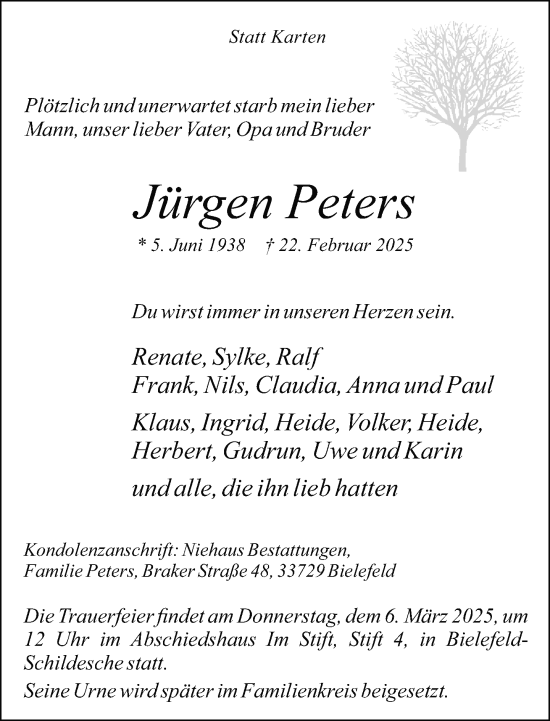 Traueranzeige von Jürgen Peters von Neue Westfälische und Westfalen-Blatt