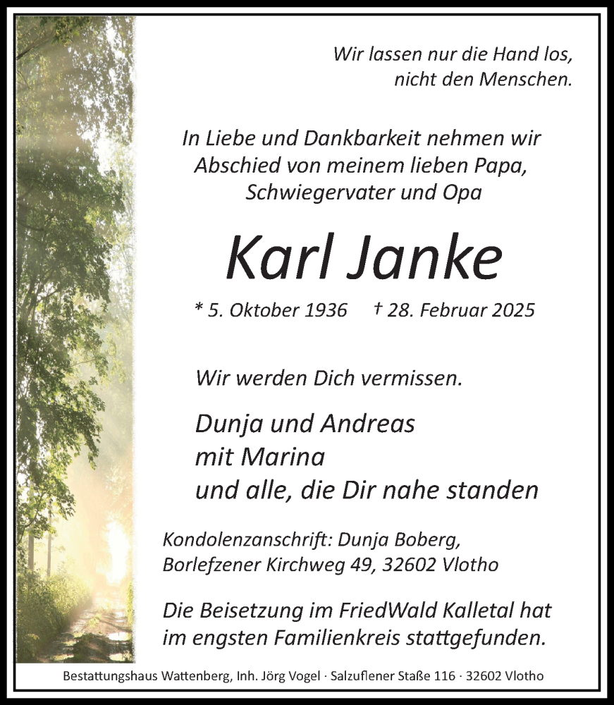  Traueranzeige für Karl Janke vom 22.03.2025 aus Neue Westfälische und Westfalen-Blatt