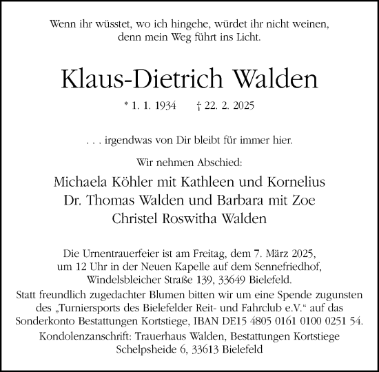 Traueranzeige von Klaus-Dietrich Walden von Neue Westfälische und Westfalen-Blatt