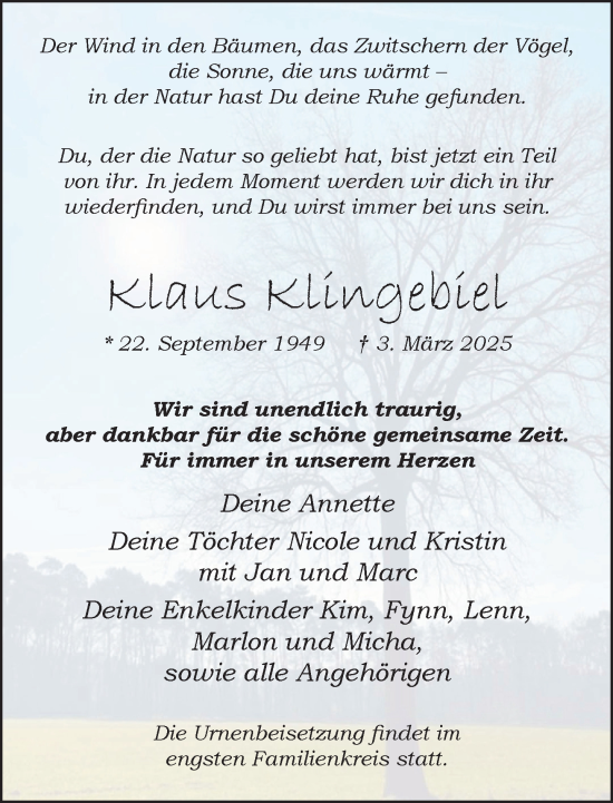 Traueranzeige von Klaus Klingebiel von Neue Westfälische und Westfalen-Blatt