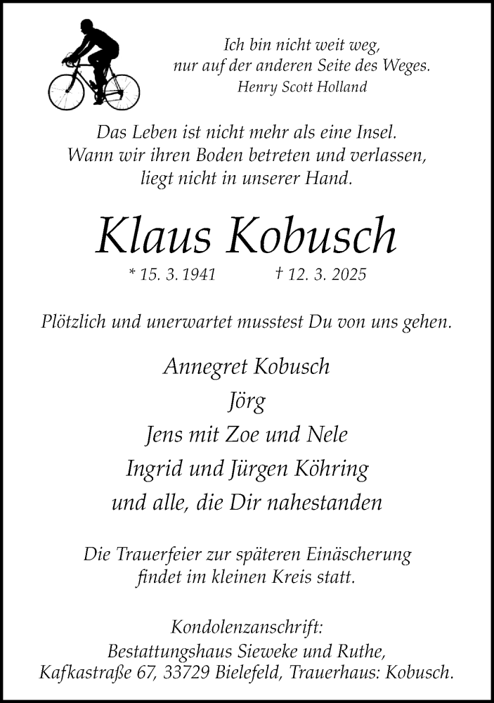  Traueranzeige für Klaus Kobusch vom 22.03.2025 aus Neue Westfälische und Westfalen-Blatt