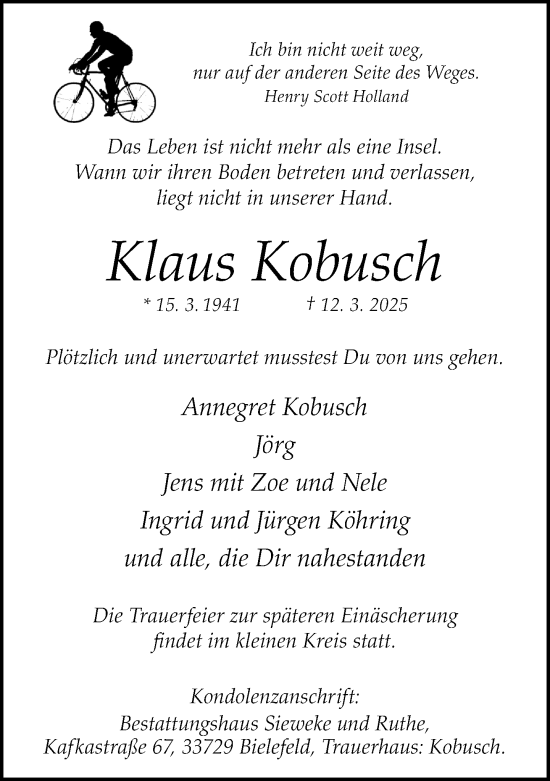 Traueranzeige von Klaus Kobusch von Neue Westfälische und Westfalen-Blatt