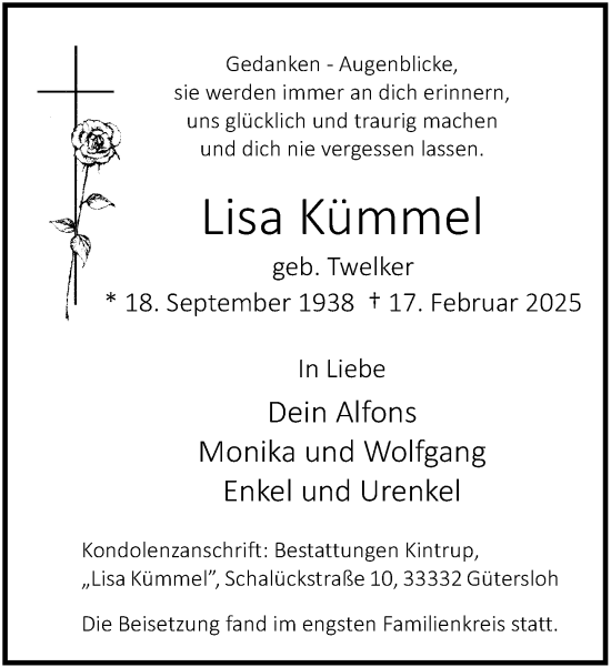 Traueranzeige von Lisa Kümmel von Neue Westfälische und Westfalen-Blatt