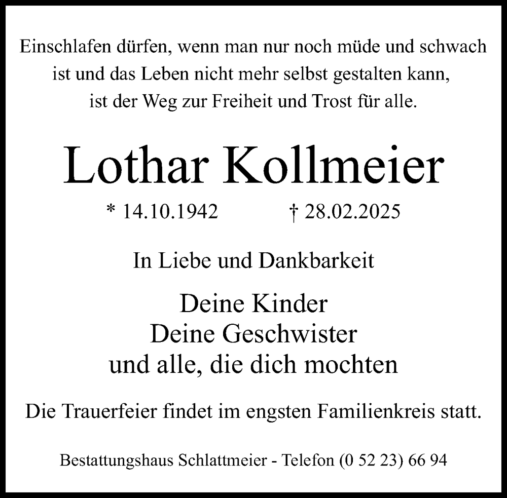  Traueranzeige für Lothar Kollmeier vom 08.03.2025 aus Neue Westfälische und Westfalen-Blatt