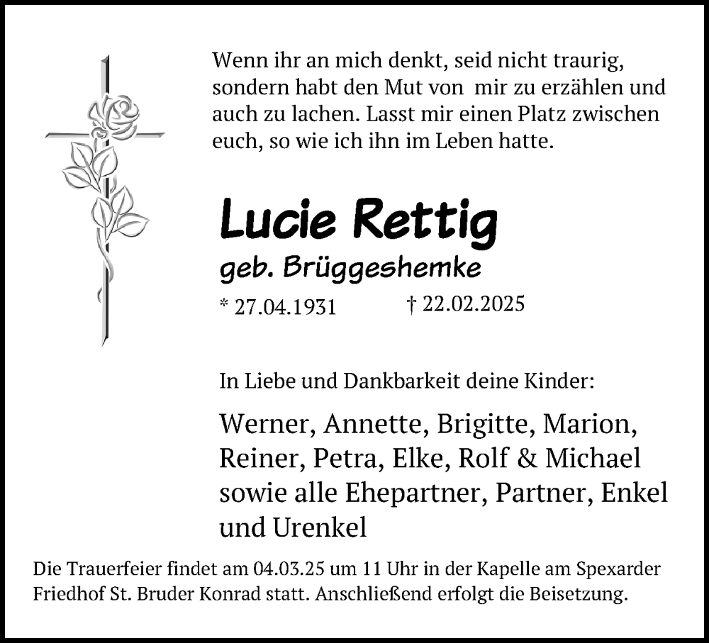  Traueranzeige für Lucie Rettig vom 01.03.2025 aus Neue Westfälische und Westfalen-Blatt
