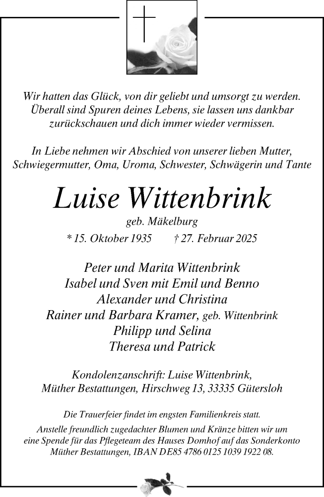  Traueranzeige für Luise Wittenbrink vom 08.03.2025 aus Neue Westfälische und Westfalen-Blatt
