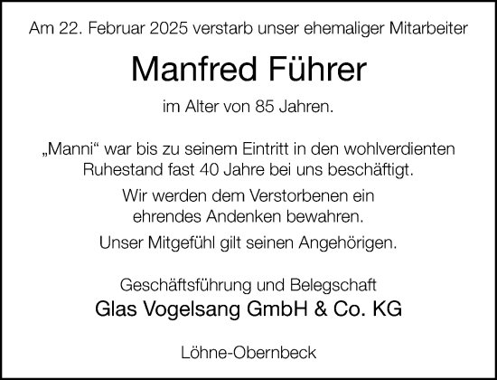 Traueranzeige von Manfred Führer von Neue Westfälische und Westfalen-Blatt