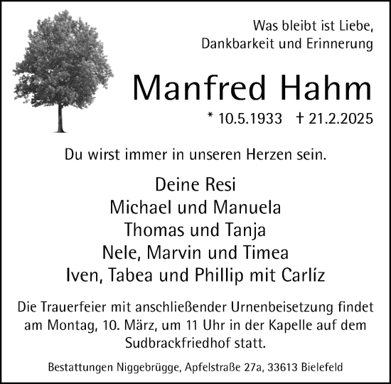 Traueranzeige von Manfred Hahm von Neue Westfälische und Westfalen-Blatt