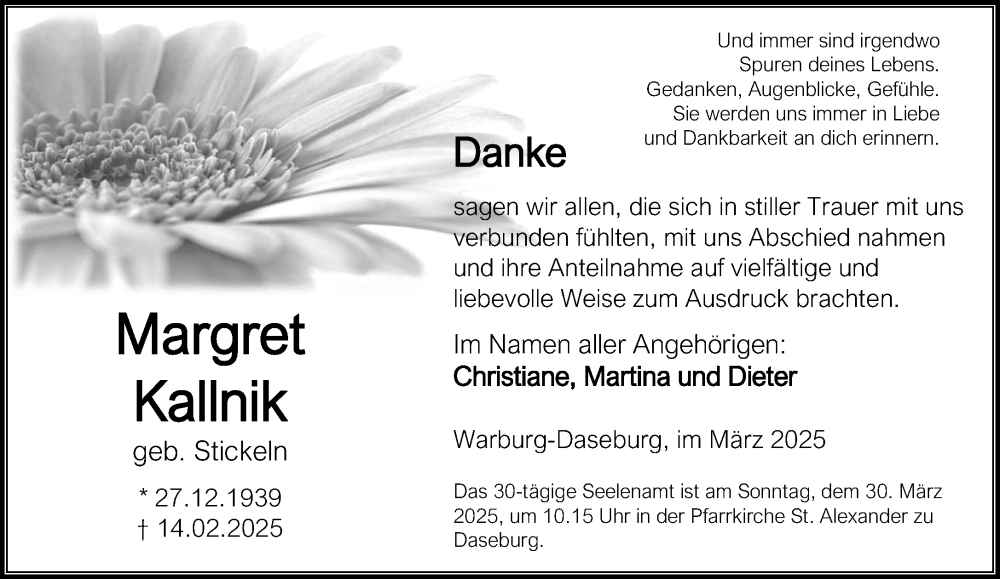  Traueranzeige für Margarett Kallnik vom 22.03.2025 aus Neue Westfälische und Westfalen-Blatt