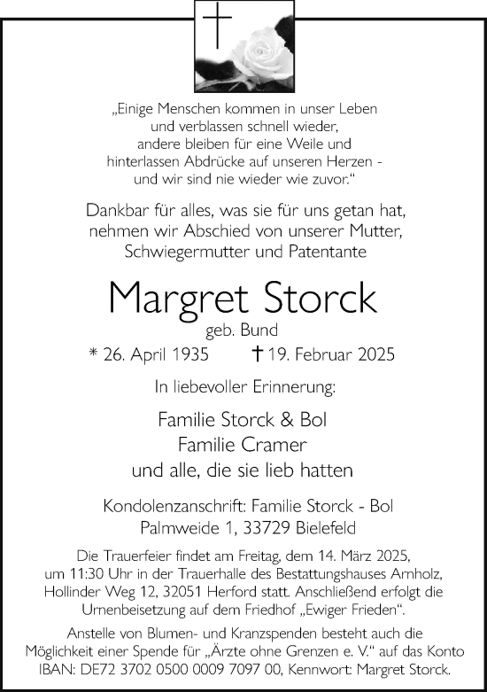 Traueranzeige von Margret Storck von Neue Westfälische und Westfalen-Blatt