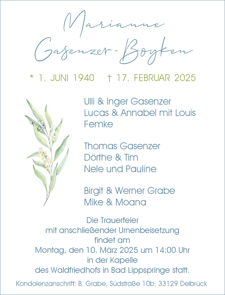  Traueranzeige für Marianne Gasenzer-Boyken vom 01.03.2025 aus Neue Westfälische und Westfalen-Blatt
