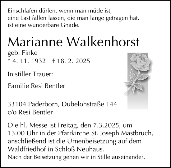 Traueranzeige von Marianne Walkenhorst von Neue Westfälische und Westfalen-Blatt