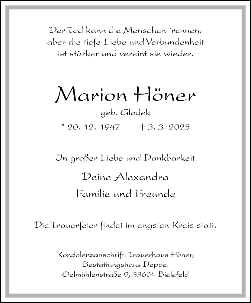  Traueranzeige für Marion Höner vom 08.03.2025 aus Neue Westfälische und Westfalen-Blatt