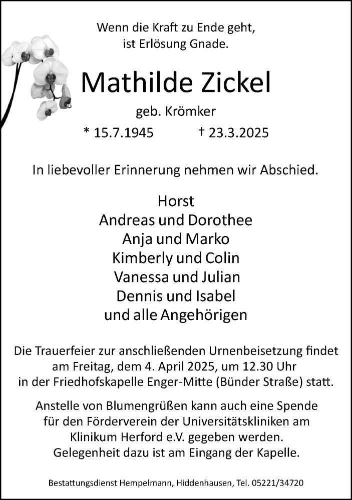  Traueranzeige für Mathilde Zickel vom 29.03.2025 aus Neue Westfälische und Westfalen-Blatt