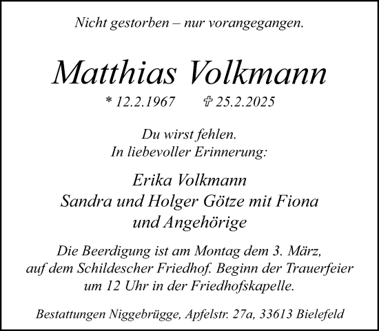 Traueranzeige von Matthias Volkmann von Neue Westfälische und Westfalen-Blatt