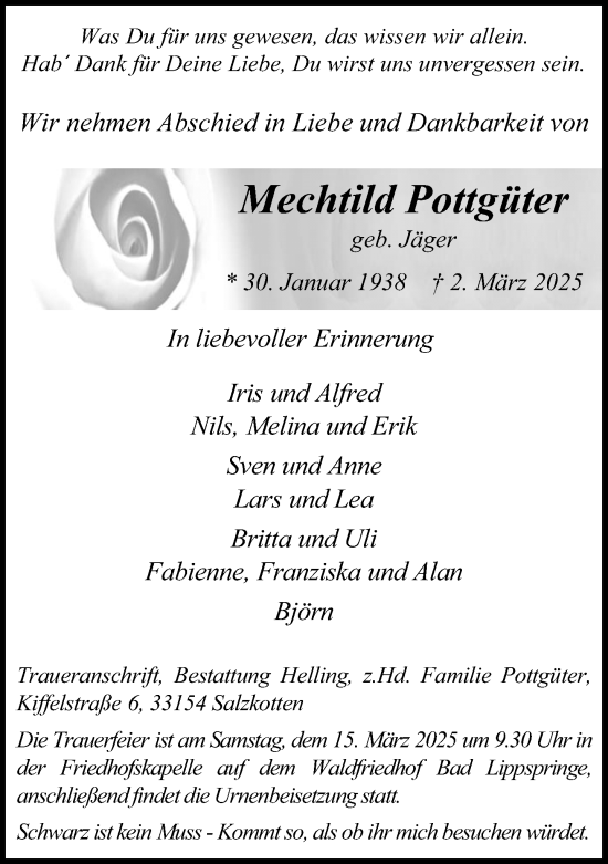 Traueranzeige von Mechtild Pottgüter von Neue Westfälische und Westfalen-Blatt