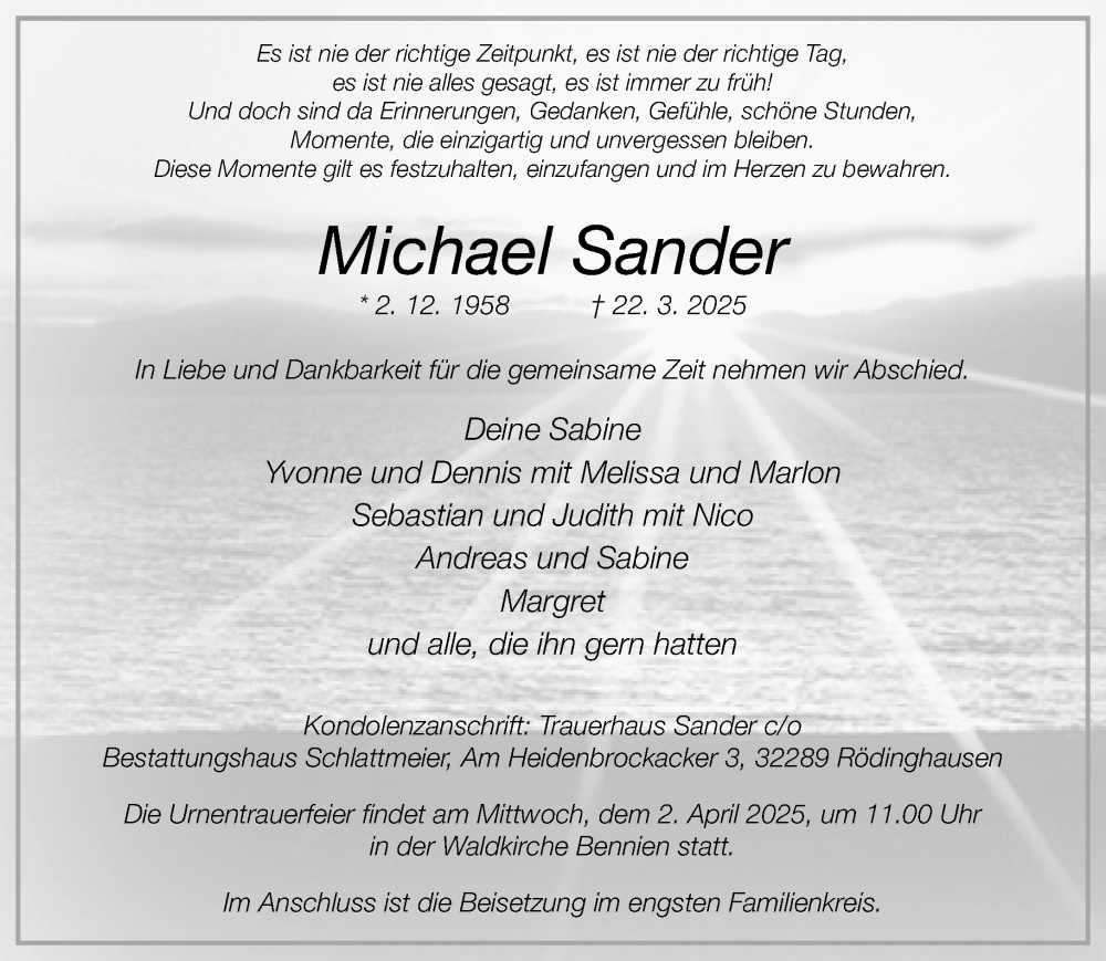  Traueranzeige für Michael Sander vom 29.03.2025 aus Neue Westfälische und Westfalen-Blatt