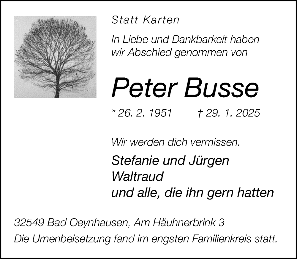  Traueranzeige für Peter Busse vom 01.03.2025 aus Neue Westfälische und Westfalen-Blatt