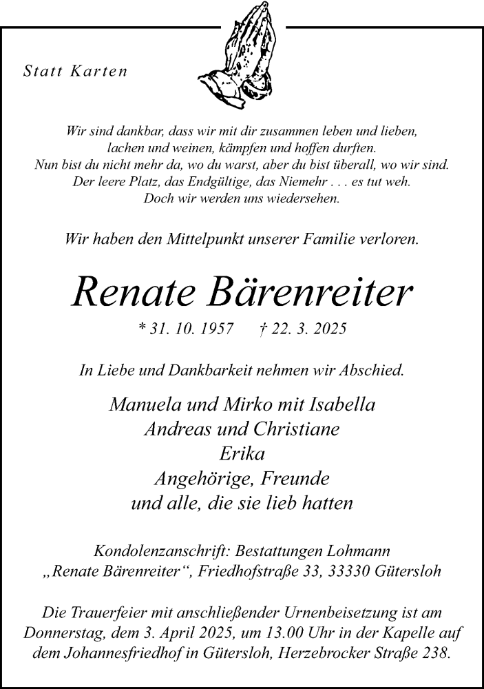  Traueranzeige für Renate Bärenreiter vom 29.03.2025 aus Neue Westfälische und Westfalen-Blatt