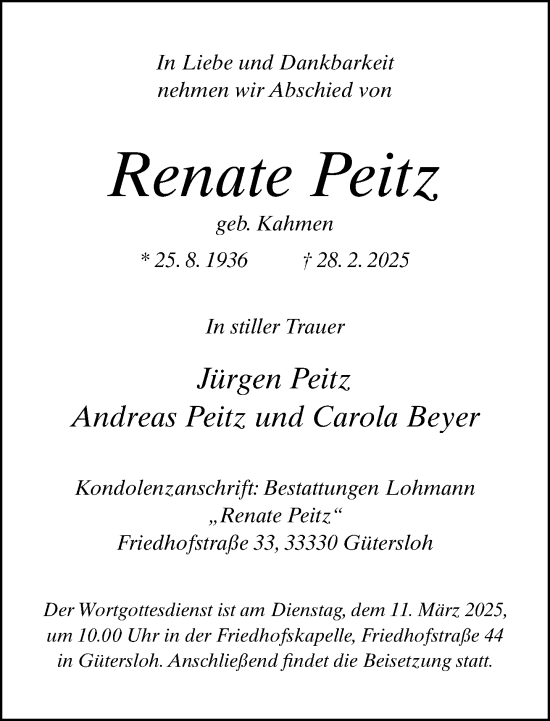 Traueranzeige von Renate Peitz von Neue Westfälische und Westfalen-Blatt