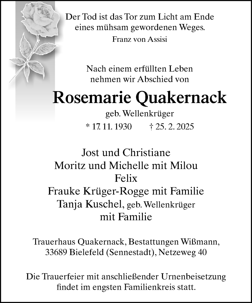 Traueranzeige für Rosemarie Quakernack vom 01.03.2025 aus Neue Westfälische und Westfalen-Blatt