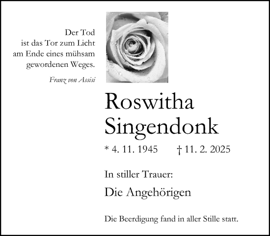 Traueranzeige von Roswitha Singendonk von Neue Westfälische und Westfalen-Blatt