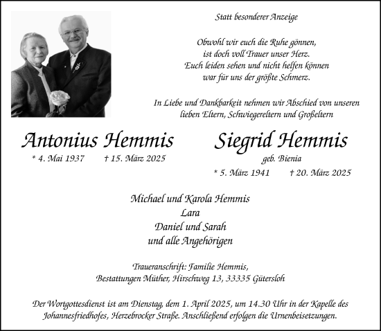 Traueranzeige von Siegrid und Antonius Hemmis von Neue Westfälische und Westfalen-Blatt