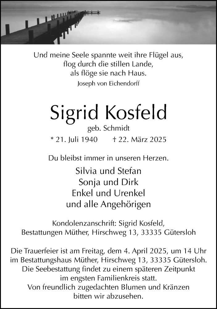  Traueranzeige für Sigrid Kosfeld vom 29.03.2025 aus Neue Westfälische und Westfalen-Blatt