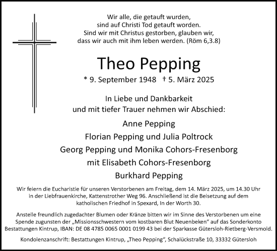 Traueranzeige von Theo Pepping von Neue Westfälische und Westfalen-Blatt