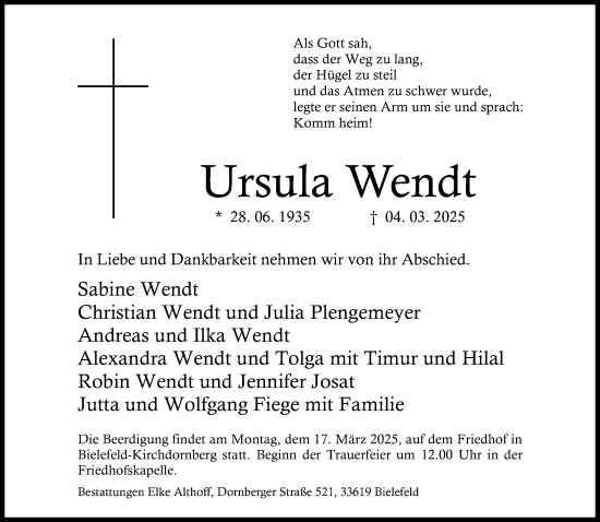 Traueranzeige von Ursula Wendt von Neue Westfälische und Westfalen-Blatt