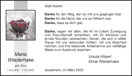 Traueranzeige von Ursula Wiederhake von Neue Westfälische und Westfalen-Blatt