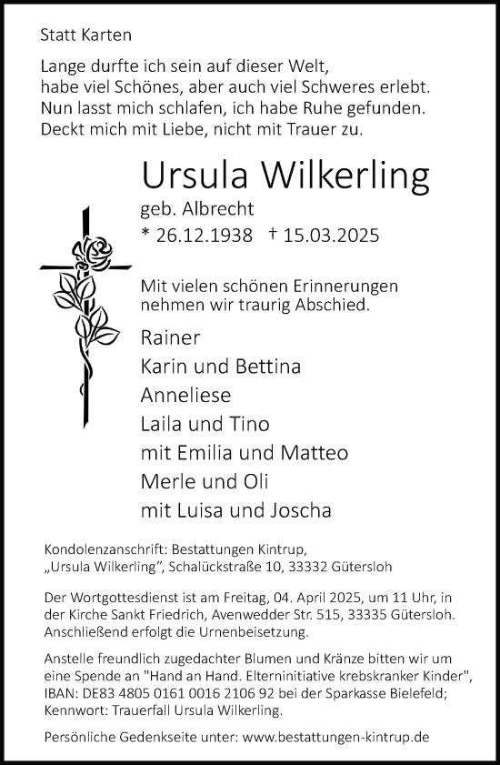 Traueranzeige von Ursula Wilkerling von Neue Westfälische und Westfalen-Blatt