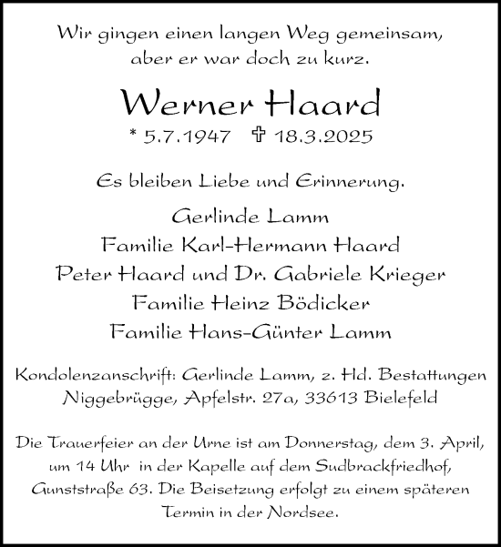 Traueranzeige von Werner Haard von Neue Westfälische und Westfalen-Blatt