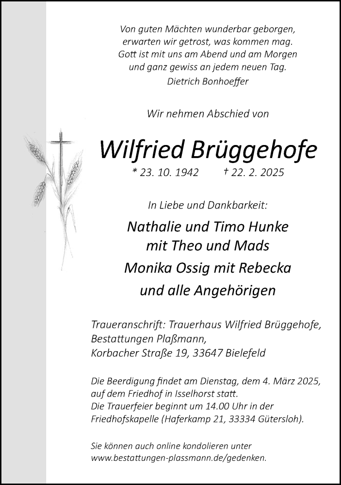  Traueranzeige für Wilfried Brüggehofe vom 01.03.2025 aus Neue Westfälische und Westfalen-Blatt