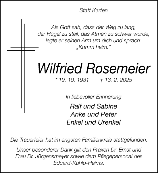 Traueranzeige von Wilfried Rosemeier von Neue Westfälische und Westfalen-Blatt