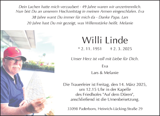 Traueranzeige von Willi Linde von Neue Westfälische und Westfalen-Blatt